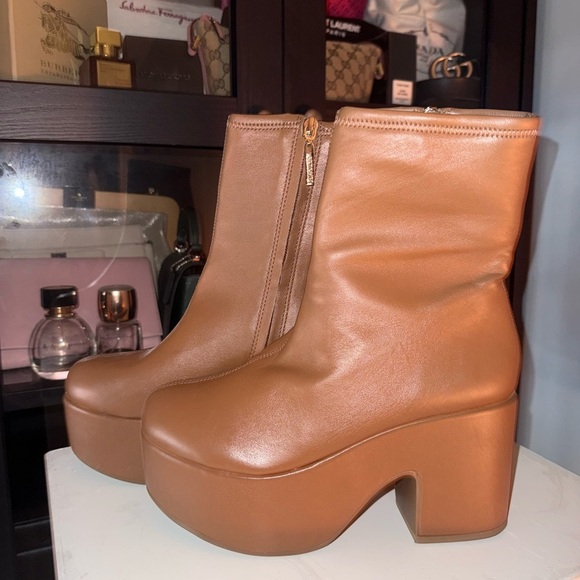 Larroude Shoes - Larroudé Miso Platform Boot In Caramel Stretch Leather